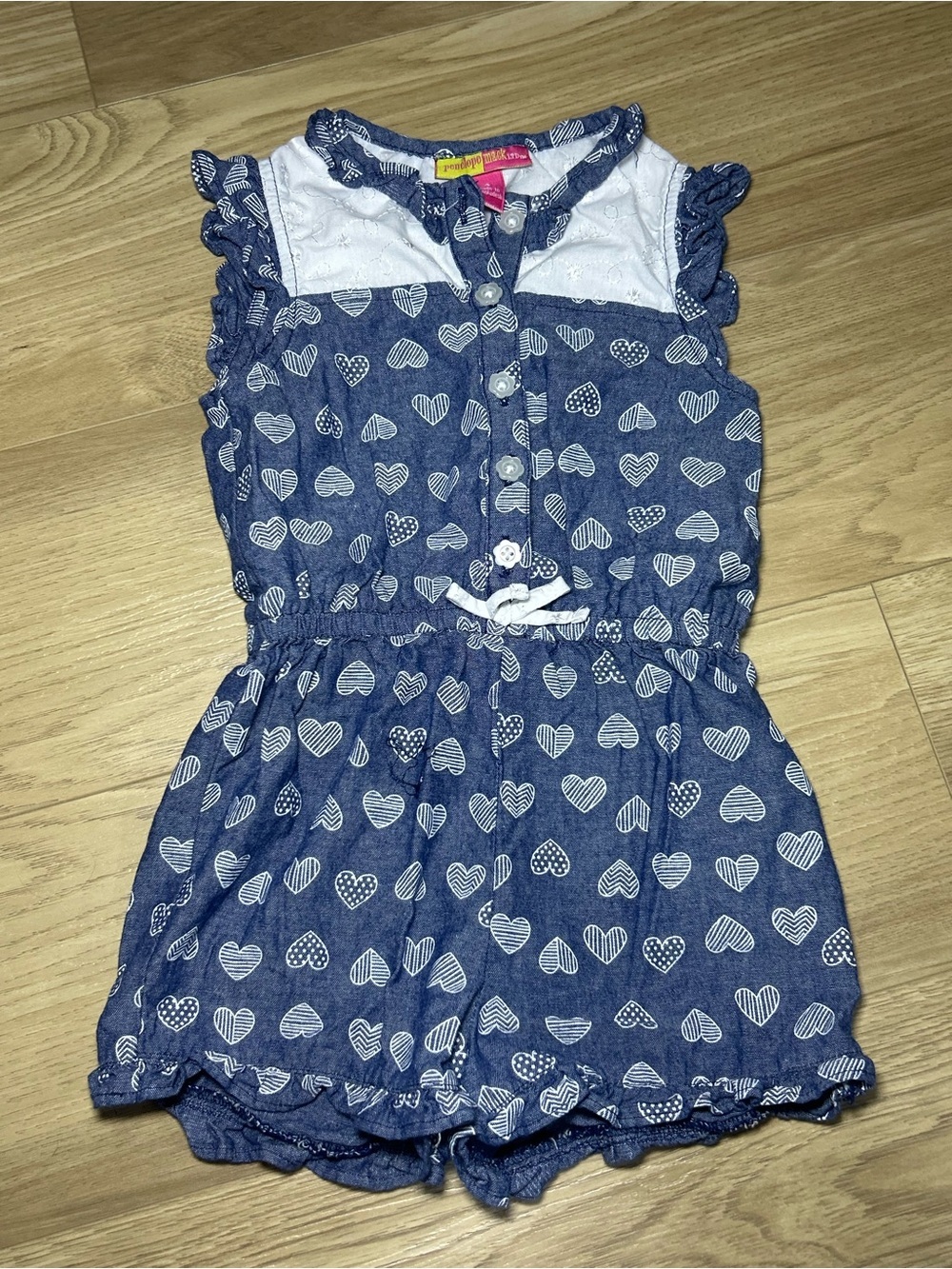Penelope Mack Navy Heart-Print Sleeveless Romper with Ruffle Trim